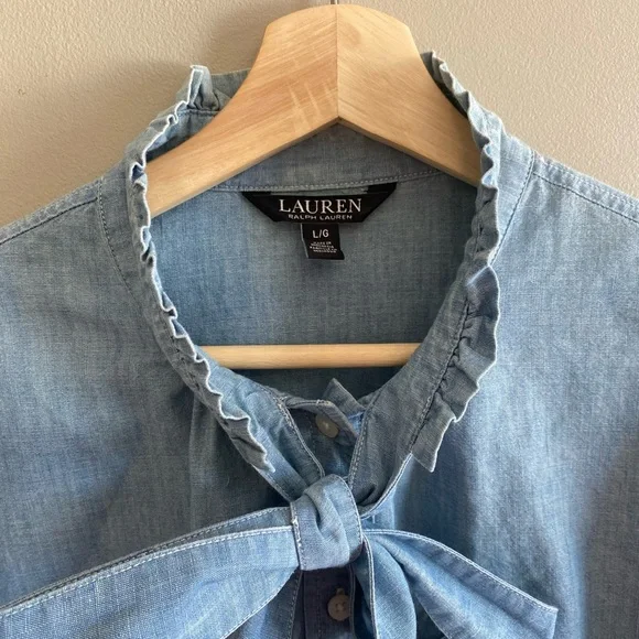 Lauren Ralph Lauren Black Label Button Shirt Women L Cotton Blue Ruffle Romantic - Picture 3 of 9